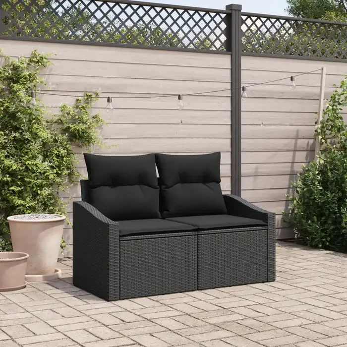 vidaXL 2-Seater Garden Sofa with Cushions Black Poly Rattan