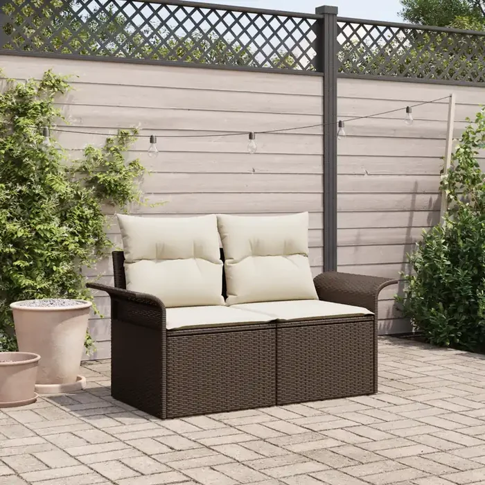 vidaXL 2-Seater Garden Sofa with Cushions Brown Poly Rattan