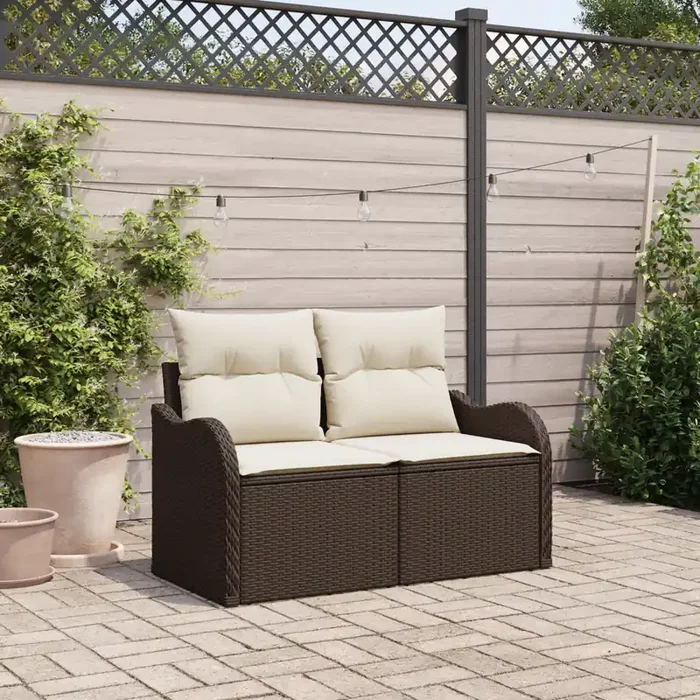 vidaXL 2-Seater Garden Sofa with Cushions Brown Poly Rattan