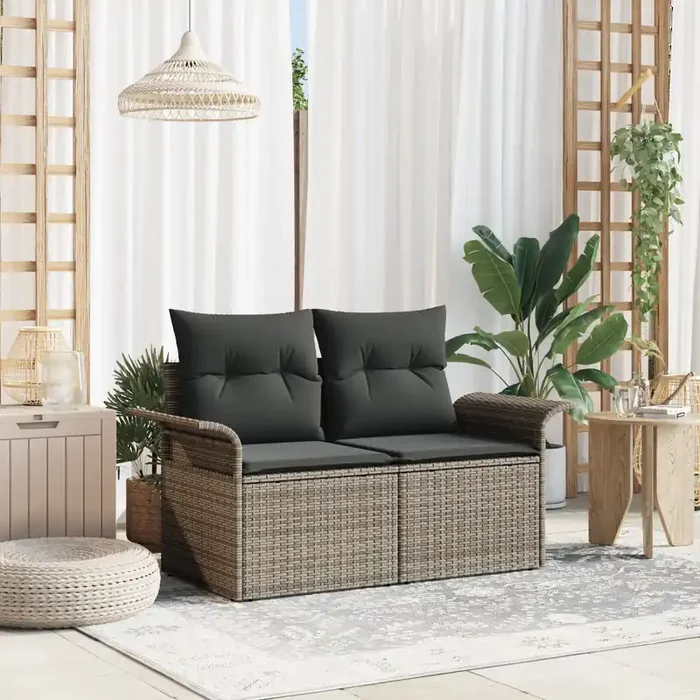 vidaXL 2-Seater Garden Sofa with Cushions Grey Poly Rattan