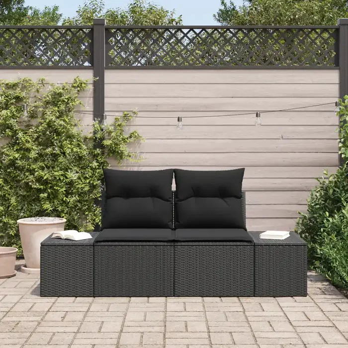 vidaXL 2-Seater Garden Sofa with Storage&Cushions Black Poly Rattan