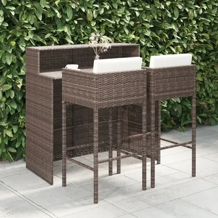 vidaXL 3 Piece Garden Bar Set with Cushions Poly Rattan Brown