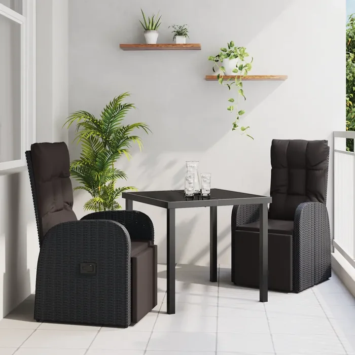 vidaXL 3 Piece Garden Dining Set with Cushions Black Poly Rattan