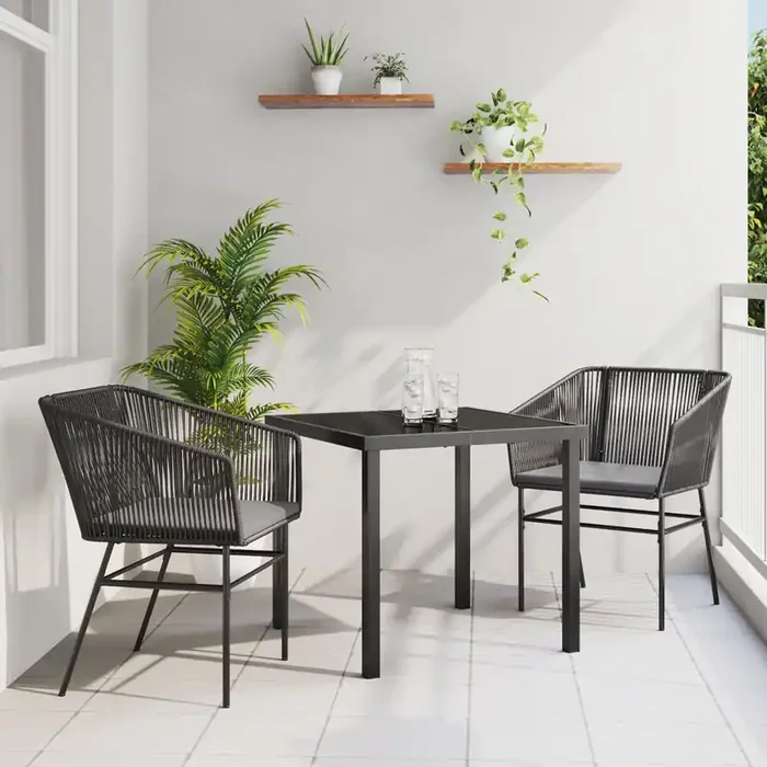 vidaXL 3 Piece Garden Dining Set with Cushions Black Poly Rattan