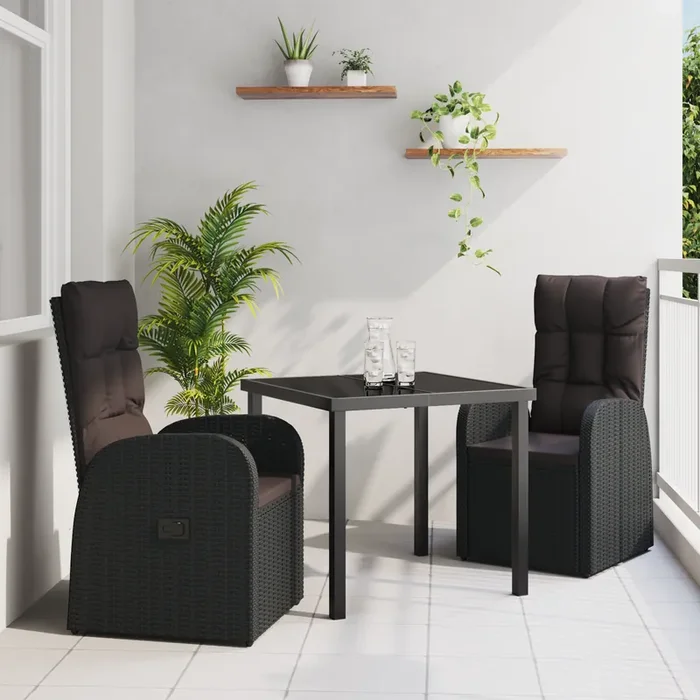 vidaXL 3 Piece Garden Dining Set with Cushions Black Poly Rattan