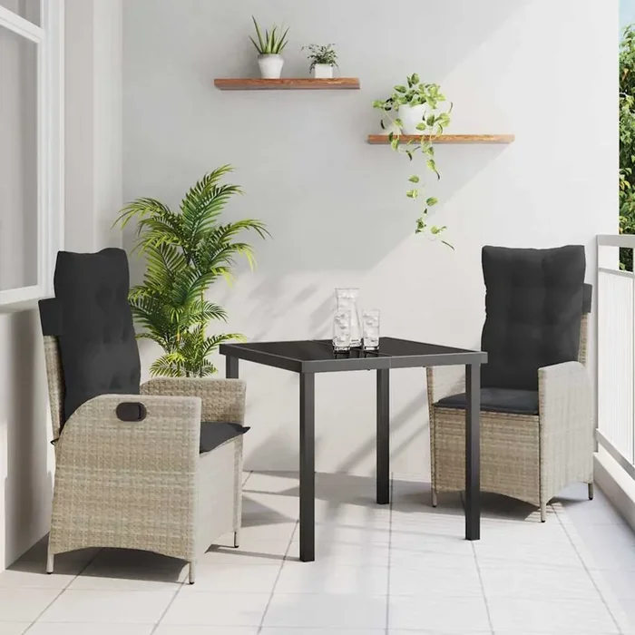 vidaXL 3 Piece Garden Dining Set with Cushions Light Grey Poly Rattan