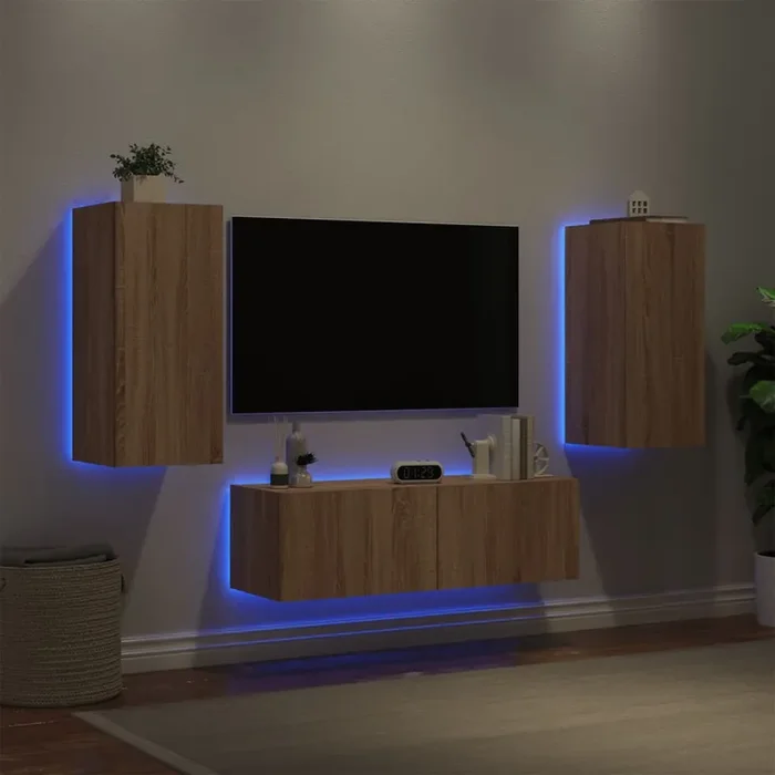 vidaXL 3 Piece TV Wall Cabinets with LED Lights Sonoma Oak