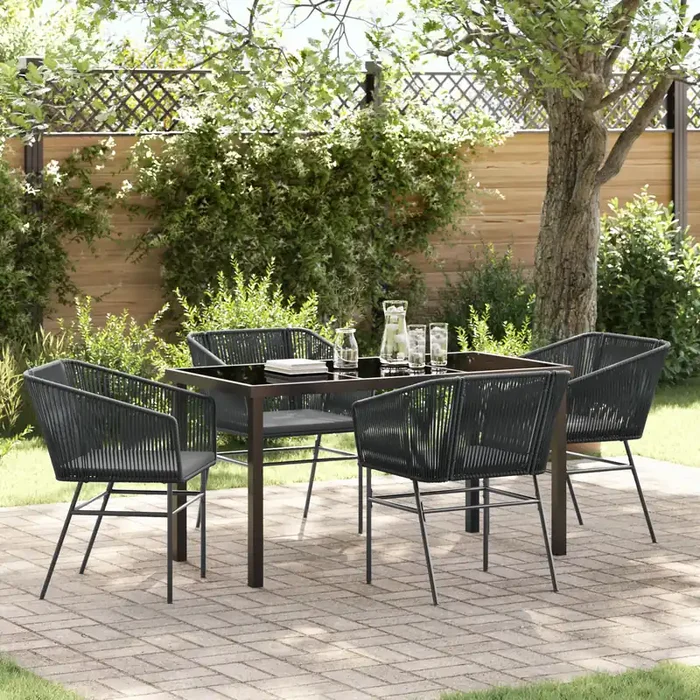 vidaXL 5 Piece Garden Dining Set with Cushions Black Poly Rattan