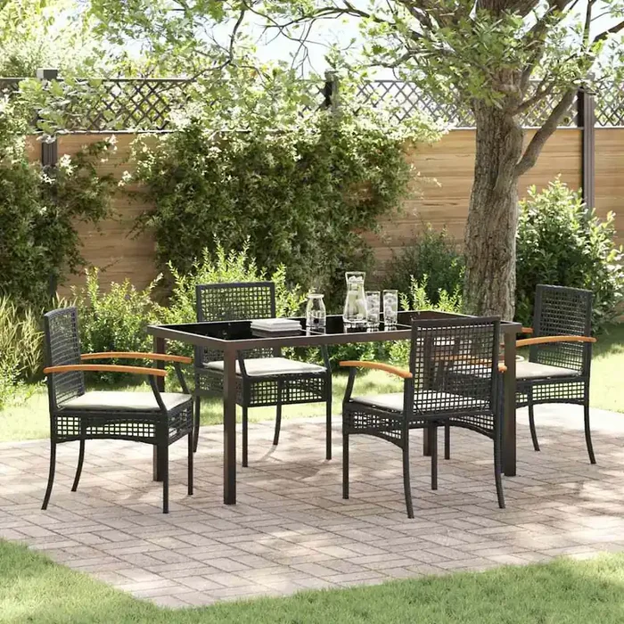 vidaXL 5 Piece Garden Dining Set with Cushions Black Poly Rattan