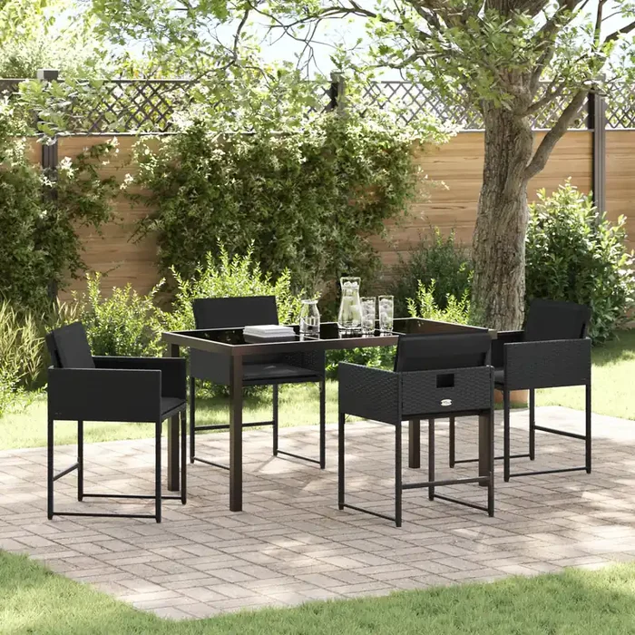 vidaXL 5 Piece Garden Dining Set with Cushions Black Poly Rattan