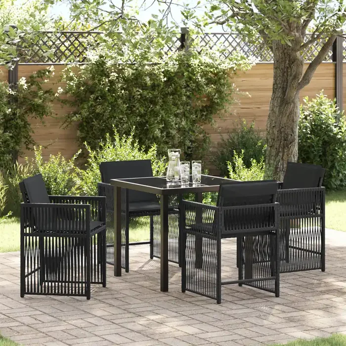 vidaXL 5 Piece Garden Dining Set with Cushions Black Poly Rattan