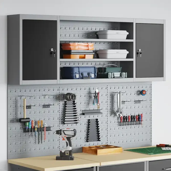 vidaXL 6 Piece Tool Cabinet and Pegboard Set Wall Mounted Black Metal