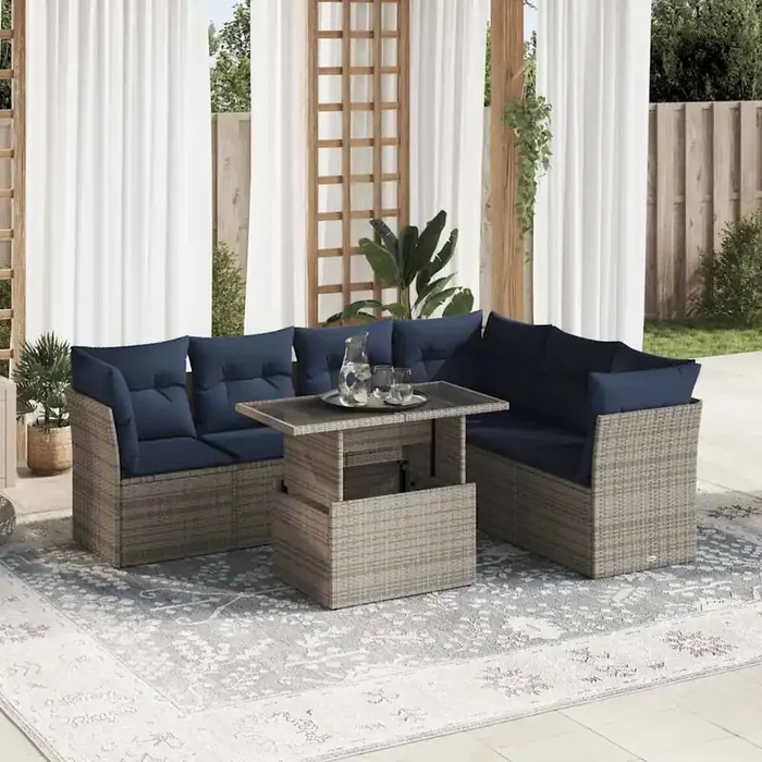 vidaXL 7 Piece Garden Sofa Set with Cushions Black Poly Rattan Acacia