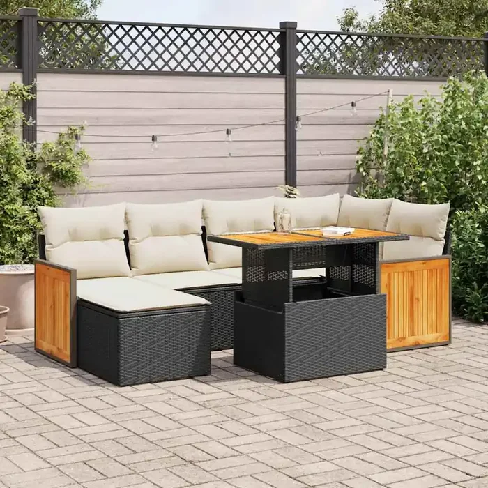 vidaXL 7 Piece Garden Sofa Set with Cushions Black Poly Rattan Acacia