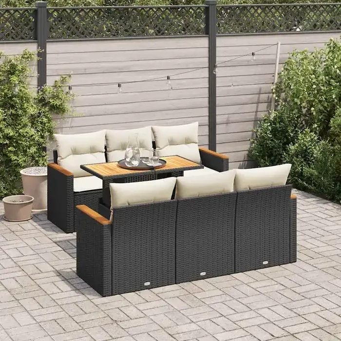 vidaXL 7 Piece Garden Sofa Set with Cushions Black Poly Rattan Acacia