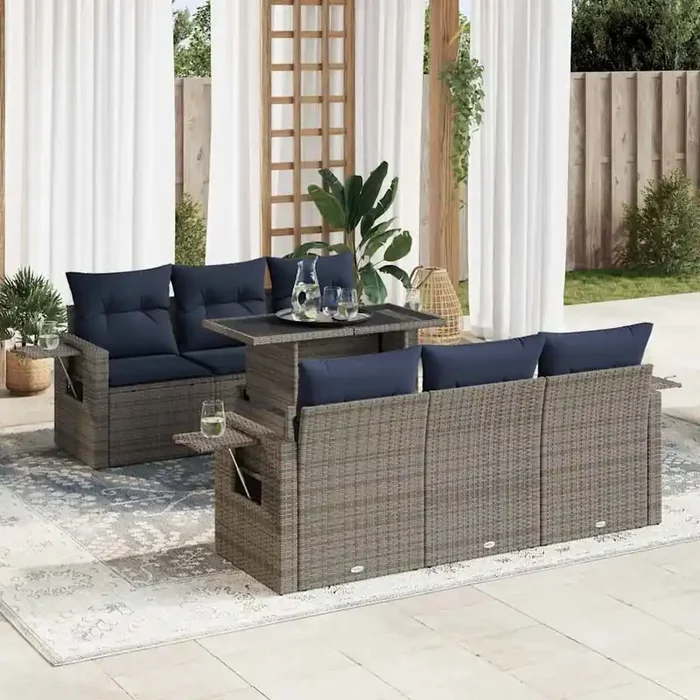 vidaXL 7 Piece Garden Sofa Set with Cushions Black Poly Rattan Acacia