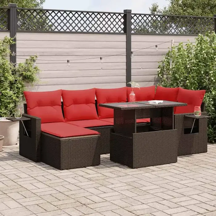 vidaXL 7 Piece Garden Sofa Set with Cushions Brown Poly Rattan Acacia