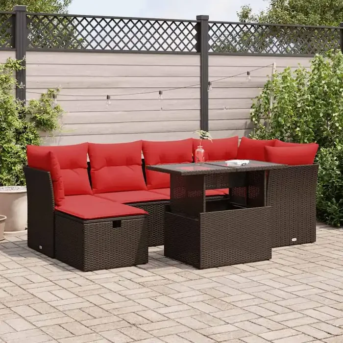 vidaXL 7 Piece Garden Sofa Set with Cushions Brown Poly Rattan Acacia