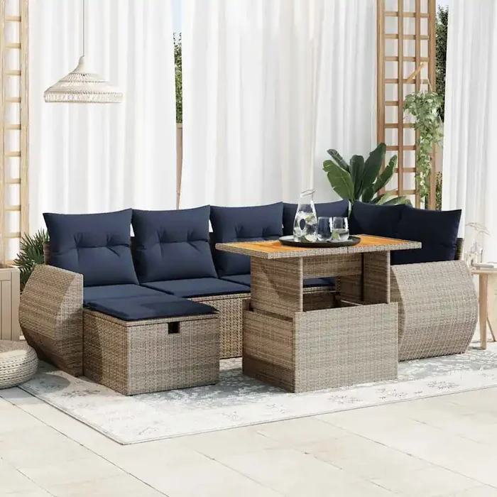 vidaXL 7 Piece Garden Sofa Set with Cushions Brown Poly Rattan Acacia