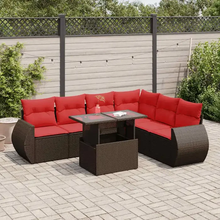 vidaXL 7 Piece Garden Sofa Set with Cushions Brown Poly Rattan Acacia