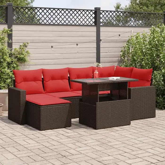 vidaXL 7 Piece Garden Sofa Set with Cushions Brown Poly Rattan Acacia