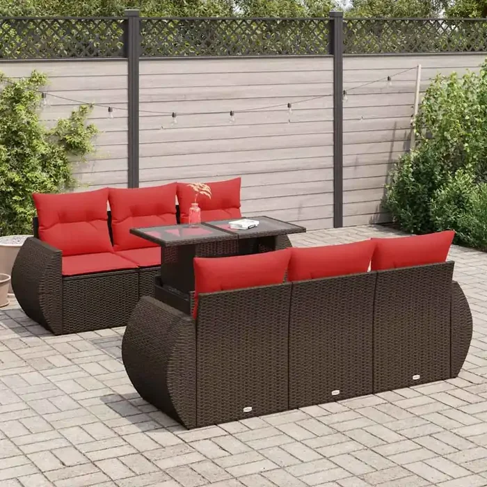 vidaXL 7 Piece Garden Sofa Set with Cushions Brown Poly Rattan Acacia