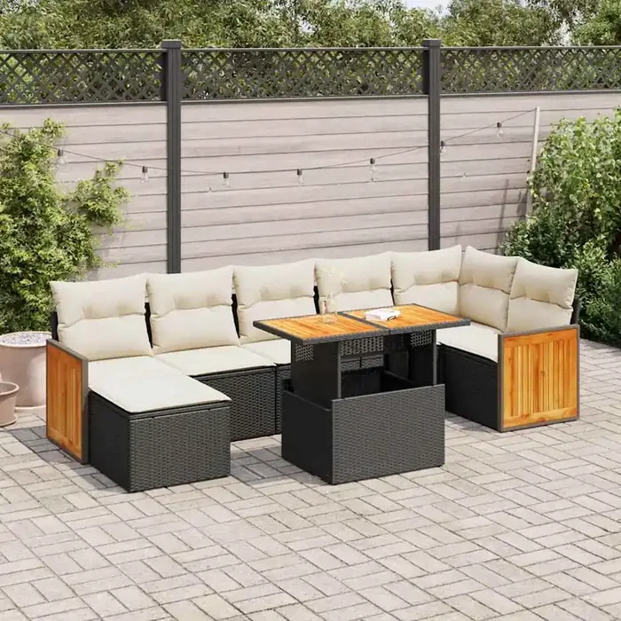 vidaXL 8 Piece Garden Sofa Set with Cushions Black Poly Rattan Acacia