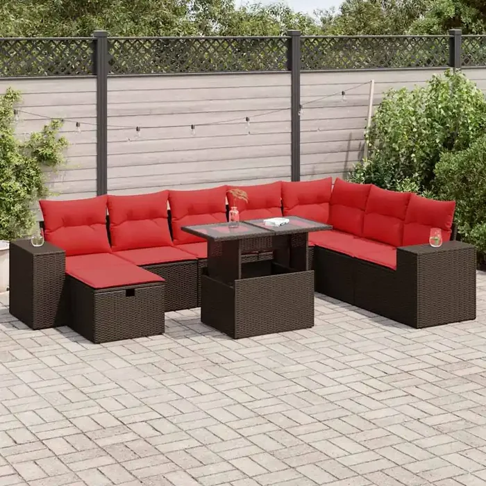vidaXL 9 Piece Garden Sofa Set with Cushions Black Poly Rattan Acacia