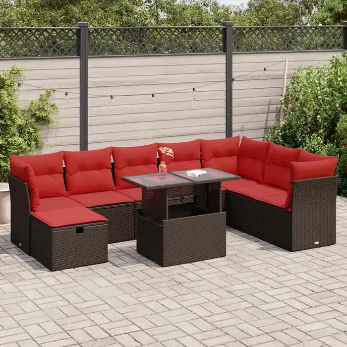 vidaXL 9 Piece Garden Sofa Set with Cushions Brown Poly Rattan Acacia