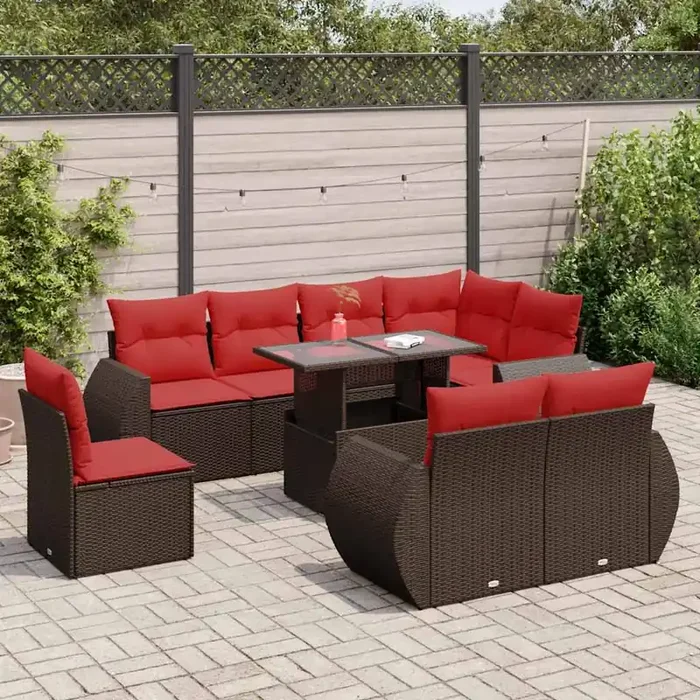 vidaXL 9 Piece Garden Sofa Set with Cushions Brown Poly Rattan Acacia