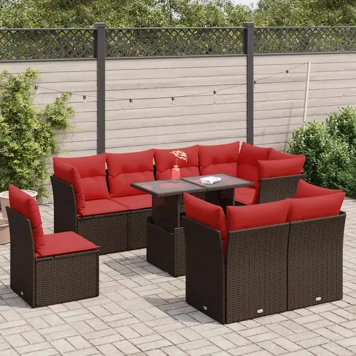 vidaXL 9 Piece Garden Sofa Set with Cushions Brown Poly Rattan Acacia