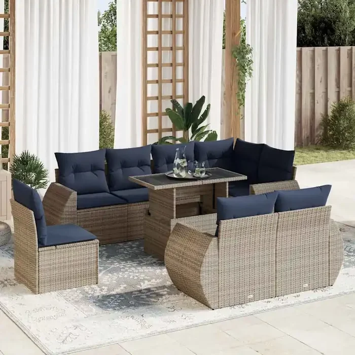 vidaXL 9 Piece Garden Sofa Set with Cushions Grey Poly Rattan Acacia
