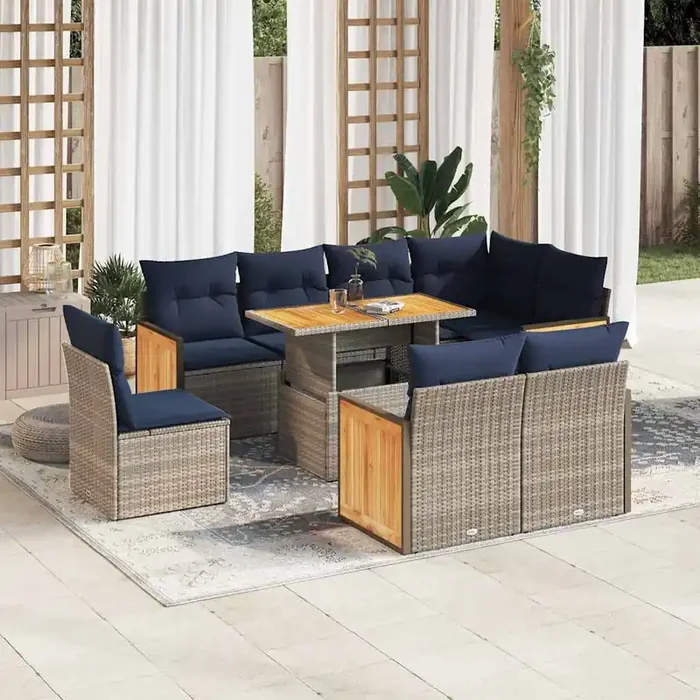 vidaXL 9 Piece Garden Sofa Set with Cushions Grey Poly Rattan Acacia