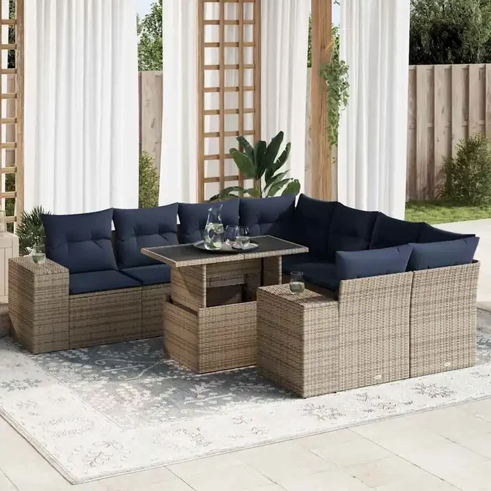 vidaXL 9 Piece Garden Sofa Set with Cushions Grey Poly Rattan Acacia