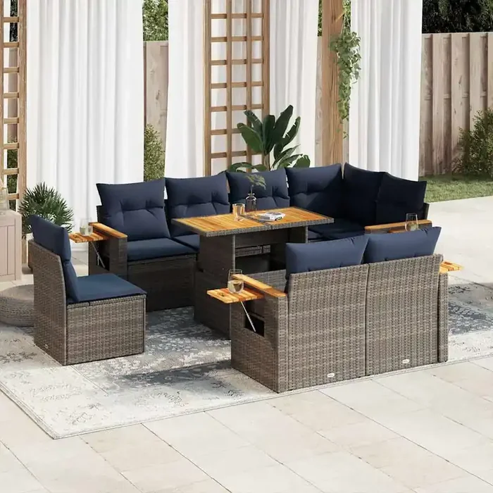 vidaXL 9 Piece Garden Sofa Set with Cushions Grey Poly Rattan Acacia