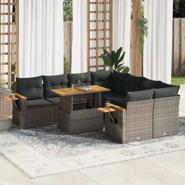 vidaXL 9 Piece Garden Sofa Set with Cushions Grey Poly Rattan Acacia