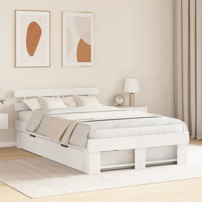 vidaXL Bed Frame with Drawers White 120×190 cm Solid Pine Wood