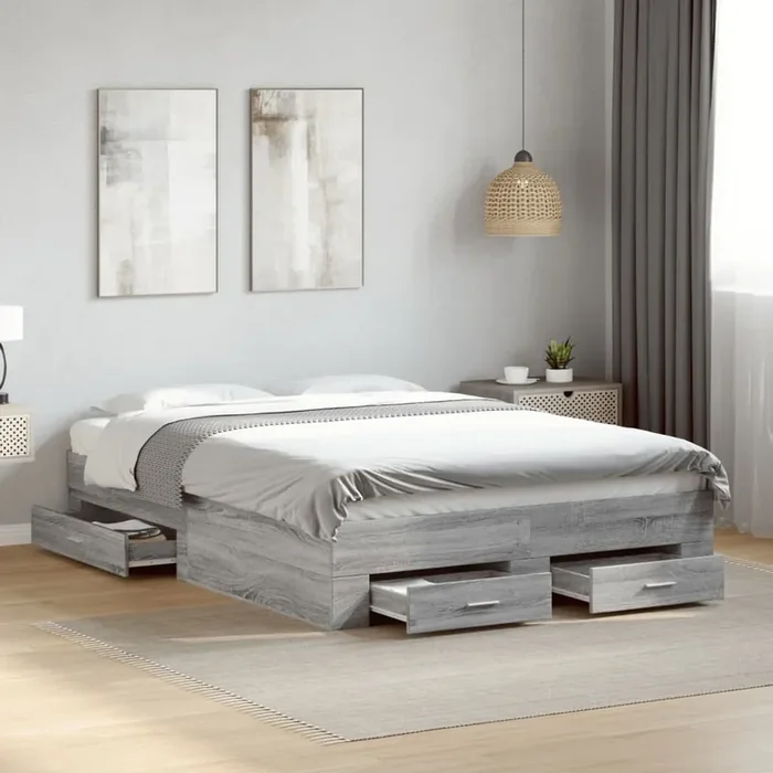 vidaXL Bed Frame with Drawers without Mattress Grey Sonoma 140×190 cm