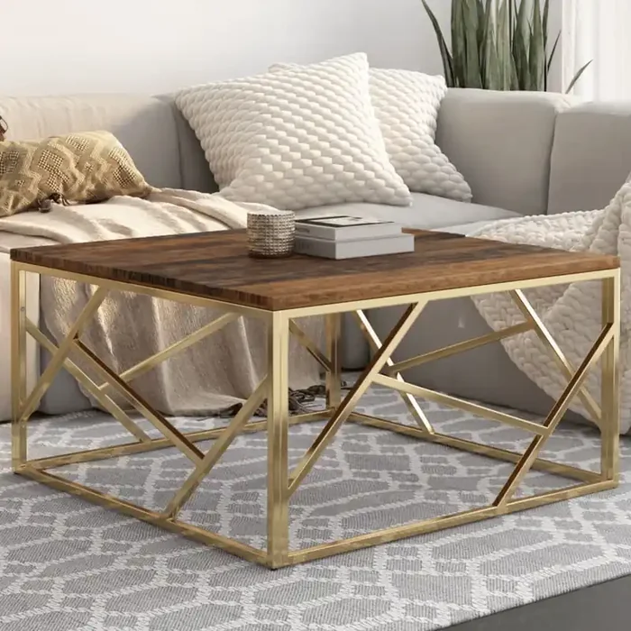 vidaXL Coffee Table Gold Stainless Steel and Solid Sleeper Wood