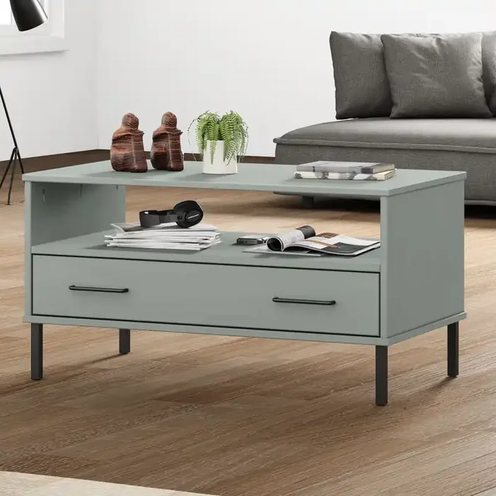 vidaXL Coffee Table with Metal Legs Grey 85x50x45 cm Solid Wood OSLO