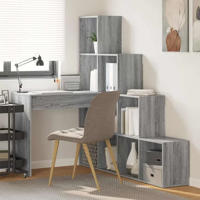 vidaXL Corner Desk with Shelf with Storage Grey sonoma 101.5 x 149.5 x 149.5 cm