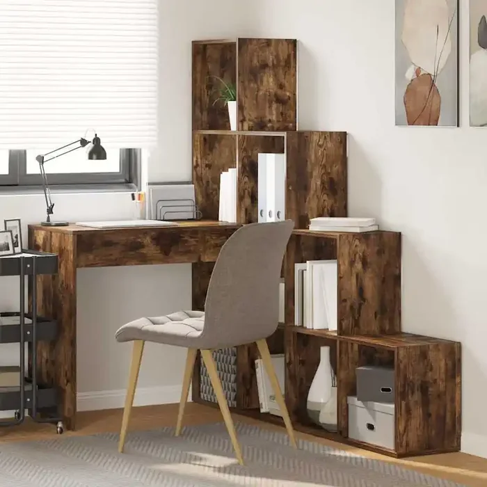 vidaXL Corner Desk with Shelf with Storage Smoked oak 101.5 x 149.5 x 149.5 cm