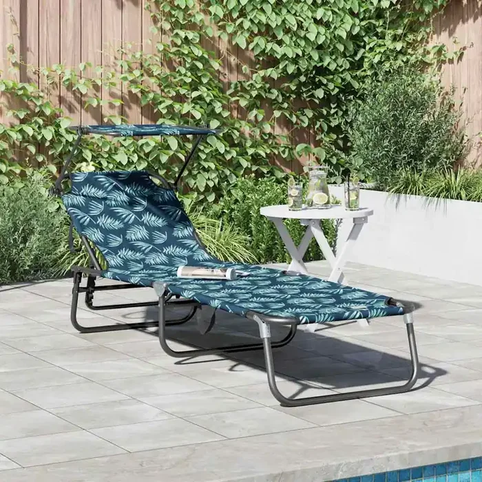 vidaXL Folding Sun Lounger with Canopy Leaf Print 600D Oxford Fabric