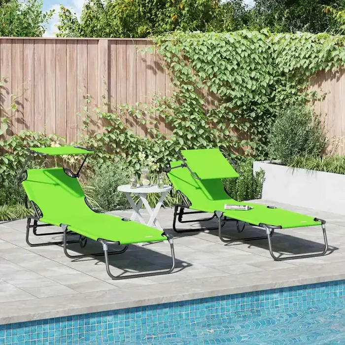vidaXL Folding Sun Loungers 2 pcs with Canopy Green 600D Oxford Fabric