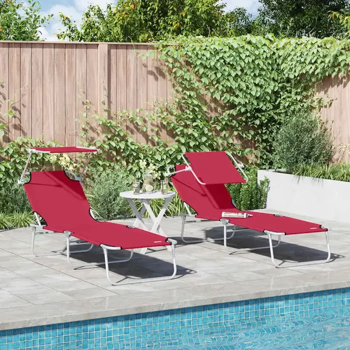 vidaXL Folding Sun Loungers 2 pcs with Canopy Red 600D Oxford Fabric