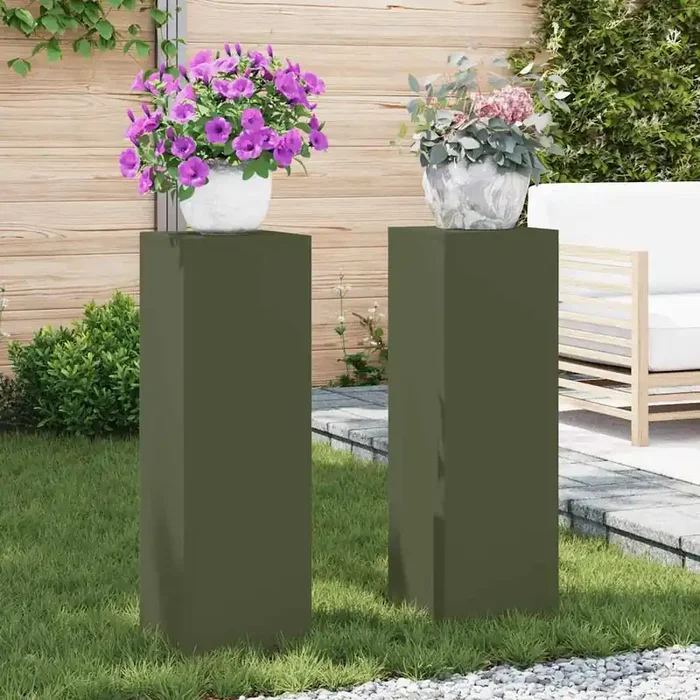 vidaXL Outdoor Plant Stands Pillar 2 pcs Olive Green 24x24x75 cm Steel