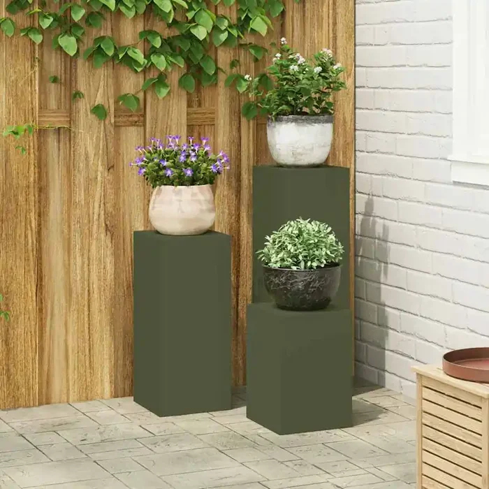 vidaXL Outdoor Plant Stands Pillar 3 pcs Olive Green Steel