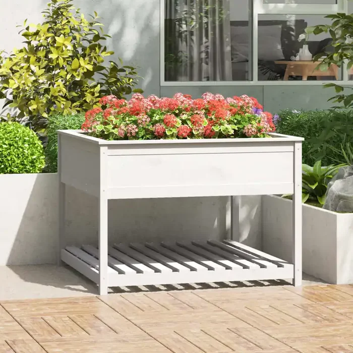 vidaXL Planter with Shelf White 111.5×111.5×81 cm Solid Wood Pine