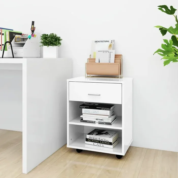 vidaXL Rolling Cabinet High Gloss White 46x36x59 cm Engineered Wood