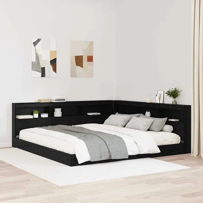 vidaXL Storage Headboard with Shelf Black oak 200 cm Engineered wood